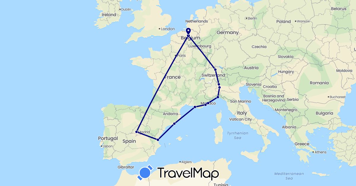TravelMap itinerary: driving in Belgium, Switzerland, Spain, France, Italy, Monaco (Europe)